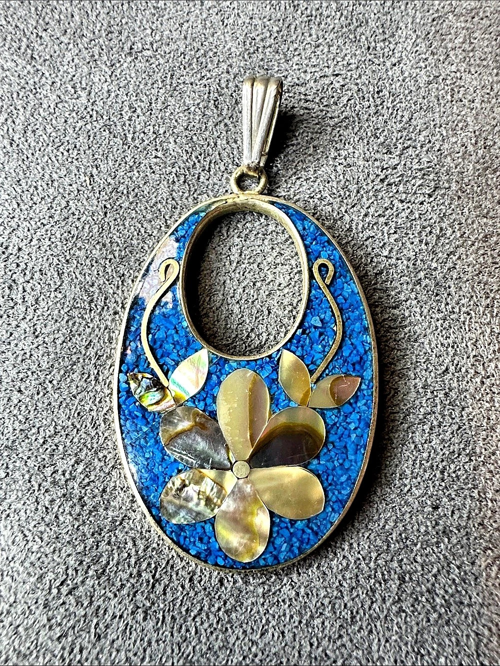 Vintage Mexican Alpaca Abalone & Turquoise Inlay Pendant